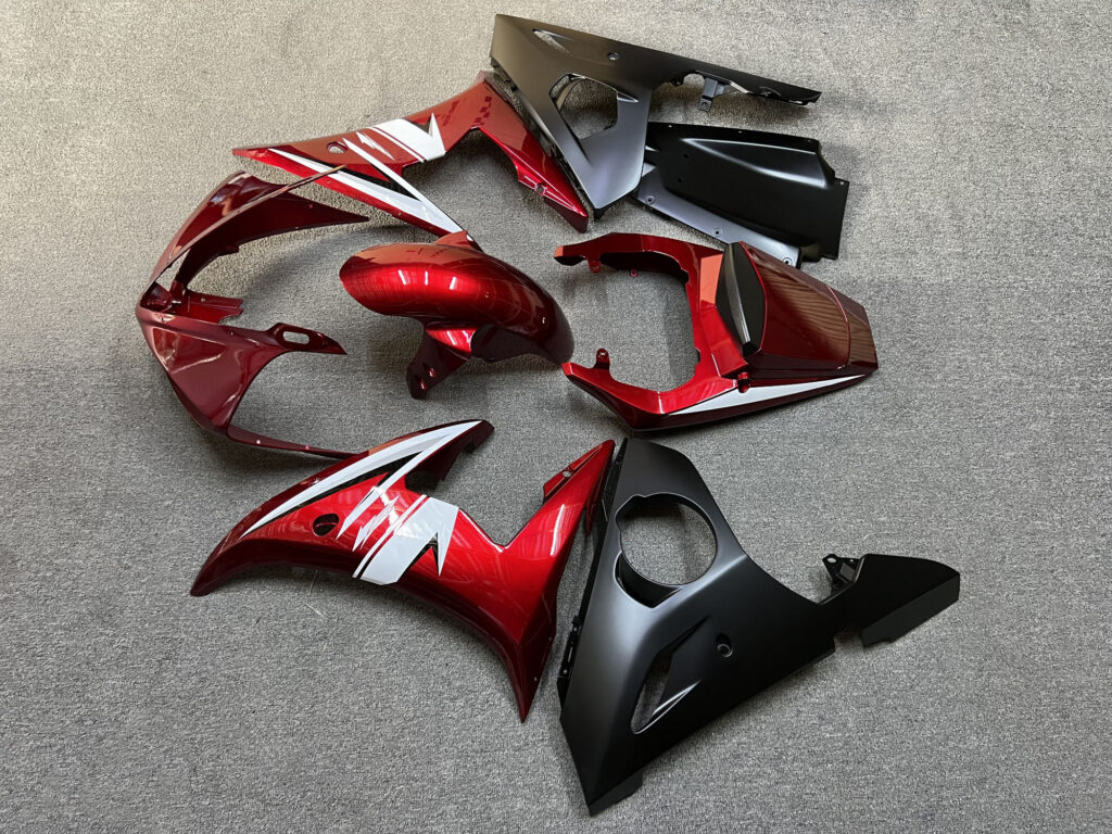 2005 Yamaha R6 Gloss Red White fairing set - ABS injection, custom painted by Monster Fairings