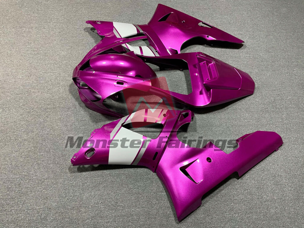 2000 - 2001 Yamaha R1 Gloss Pink & White Silver fairing set - ABS injection, custom painted by Monster Fairings