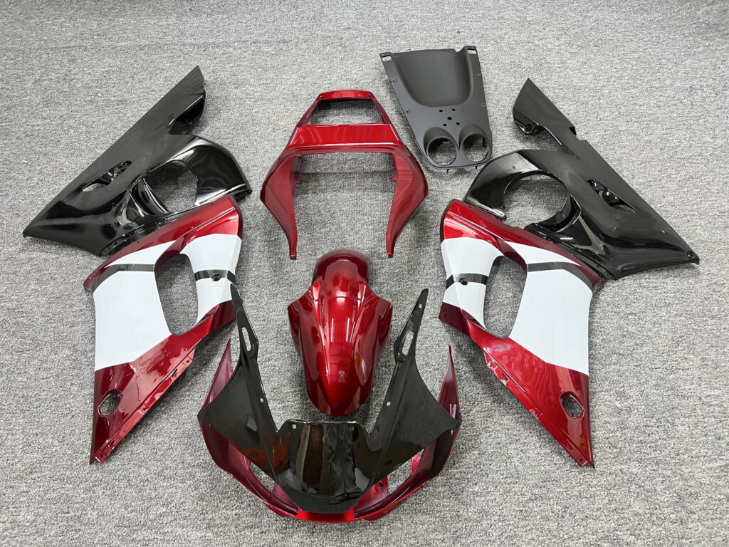 Yamaha R6 1998 - 2002 Gloss Black & Metallic Red ABS fairings - custom motorcycle bodywork kit by Monster Fairings