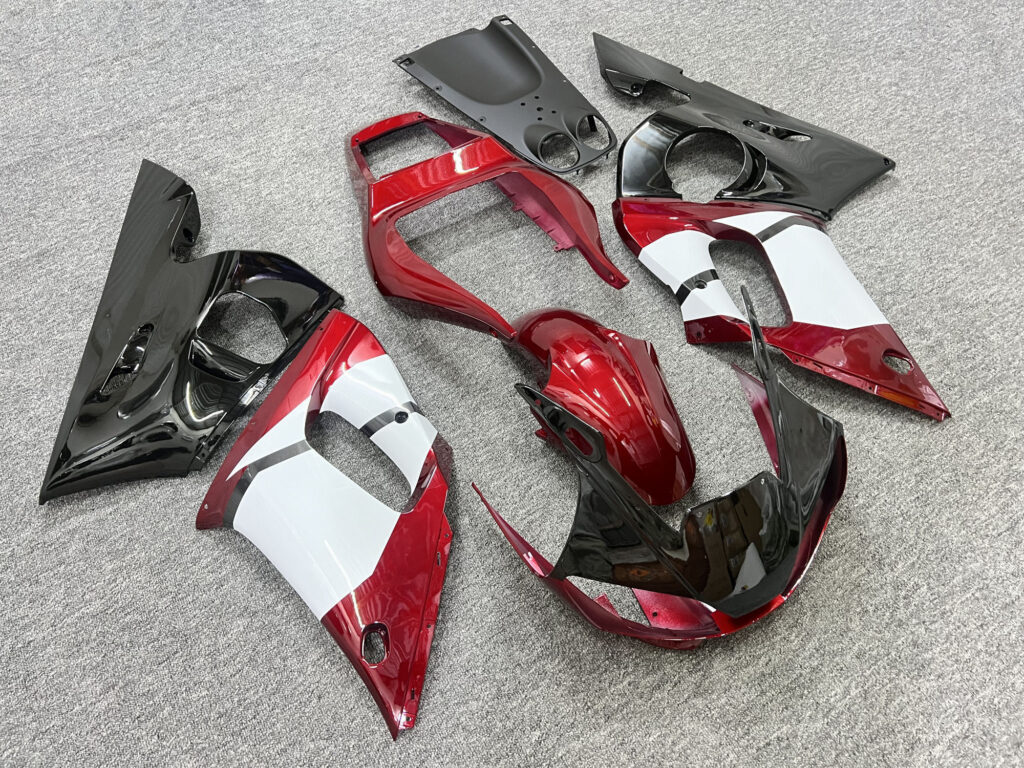 Yamaha R6 custom ABS fairings 1998 - 2002 in Gloss Black & Metallic Red - durable replacement kit, Monster Fairings