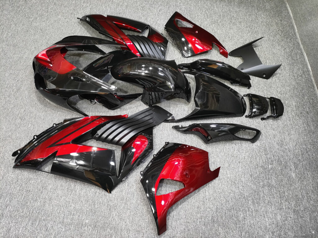 2006 - 2011 Kawasaki ZX14R Gloss Black & Red fairing set - ABS injection, custom painted by Monster Fairings