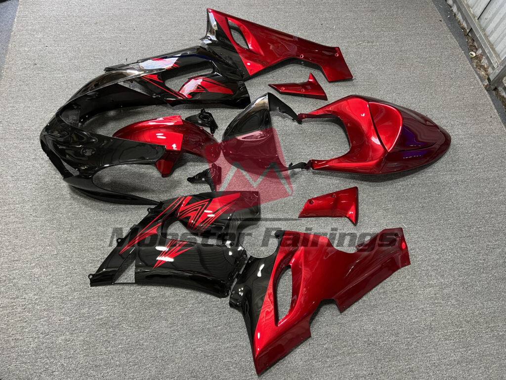 2005 - 2006 Kawasaki ZX6R Gloss Black & Red fairing set - ABS injection, custom painted by Monster Fairings