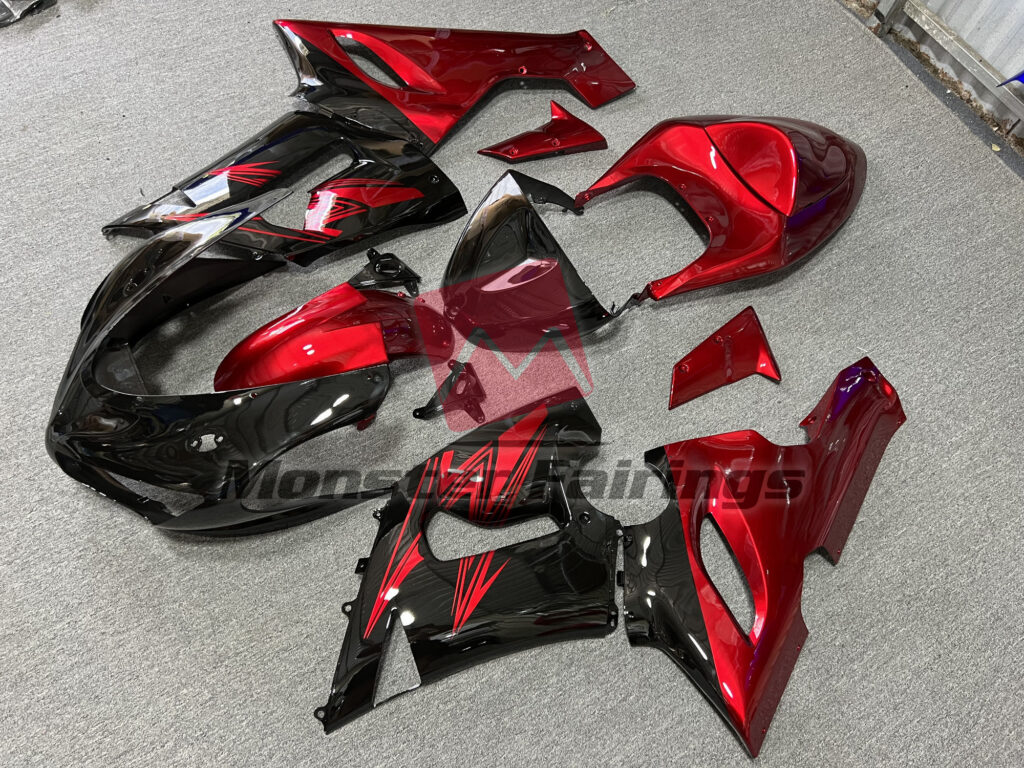 Kawasaki ZX6R custom ABS fairings 2005 - 2006 in Gloss Black & Red - durable replacement kit, Monster Fairings