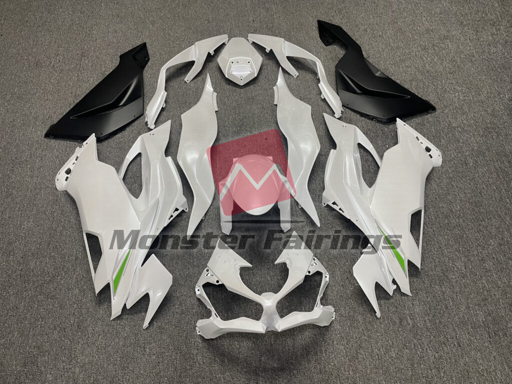 Kawasaki ZX6R 2019 - 2023 Pearl White & Matte Black ABS fairings - custom motorcycle bodywork kit by Monster Fairings