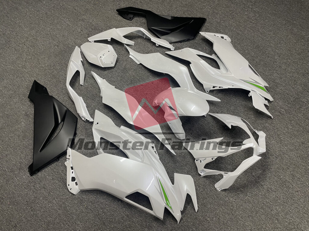 2019 - 2023 Kawasaki ZX6R Pearl White & Matte Black fairing set - ABS injection, custom painted by Monster Fairings