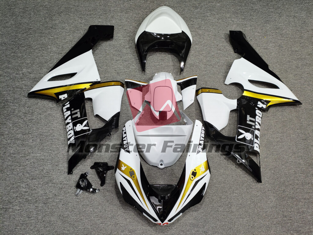 Kawasaki ZX6R 2005 - 2006 Gloss White & Black Gold Playboy ABS fairings - custom motorcycle bodywork kit by Monster Fairings