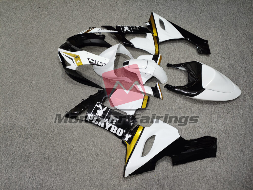 Kawasaki ZX6R custom ABS fairings 2005 - 2006 in Gloss White & Black Gold Playboy - durable replacement kit, Monster Fairings