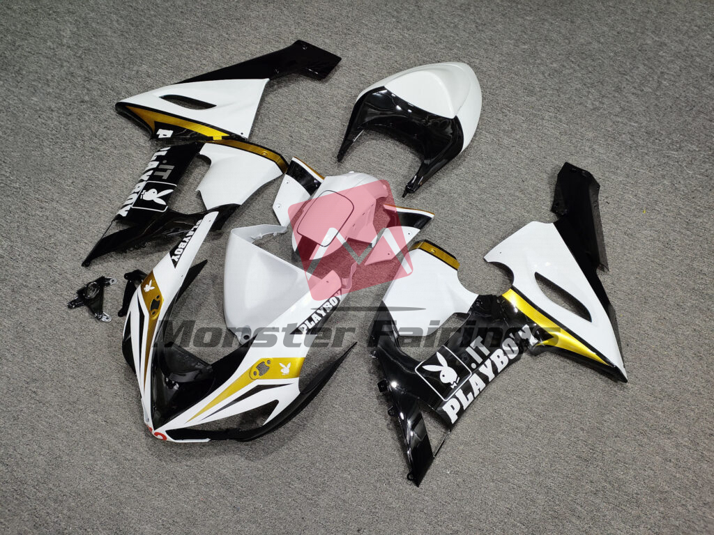 2005 - 2006 Kawasaki ZX6R Gloss White & Black Gold Playboy fairing set - ABS injection, custom painted by Monster Fairings