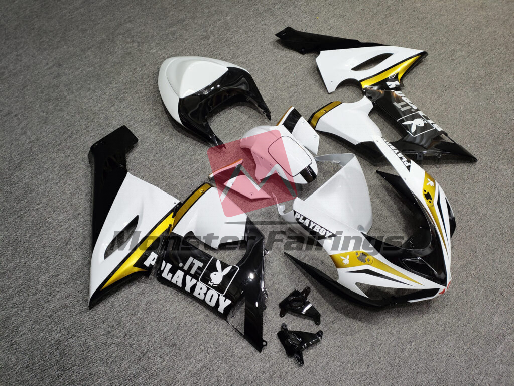 Gloss White & Black Gold Playboy ABS fairings for Kawasaki ZX6R 2005 - 2006 - premium OEM fit kit by Monster Fairings