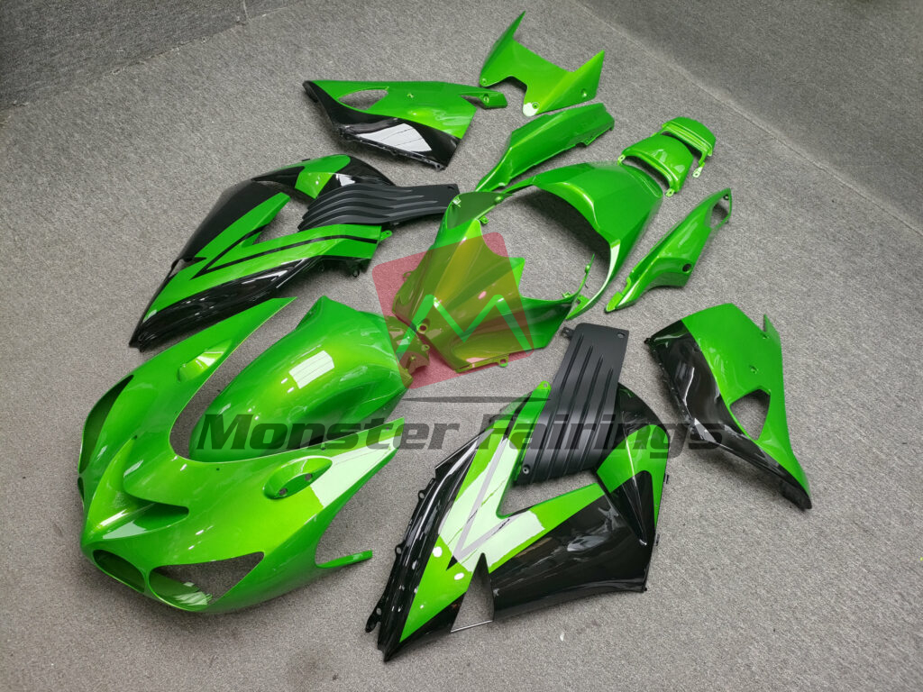 2006 - 2011 Kawasaki ZX14R Gloss Bright Green Black fairing set - ABS injection, custom painted by Monster Fairings