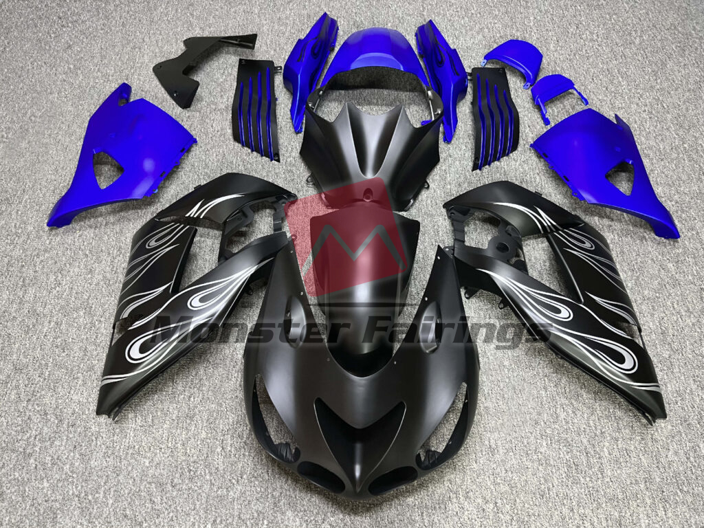 Kawasaki ZX14R 2006 - 2011 Matte Black & Blue Silver Flames ABS fairings - custom motorcycle bodywork kit by Monster Fairings