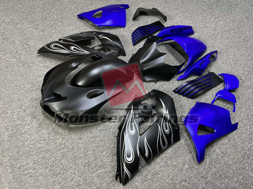 Matte Black & Blue Silver Flames ABS fairings for Kawasaki ZX14R 2006 - 2011 - premium OEM fit kit by Monster Fairings