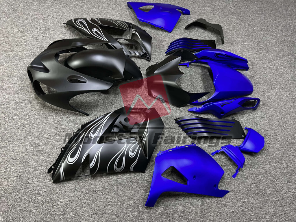 Kawasaki ZX14R custom ABS fairings 2006 - 2011 in Matte Black & Blue Silver Flames - durable replacement kit, Monster Fairings