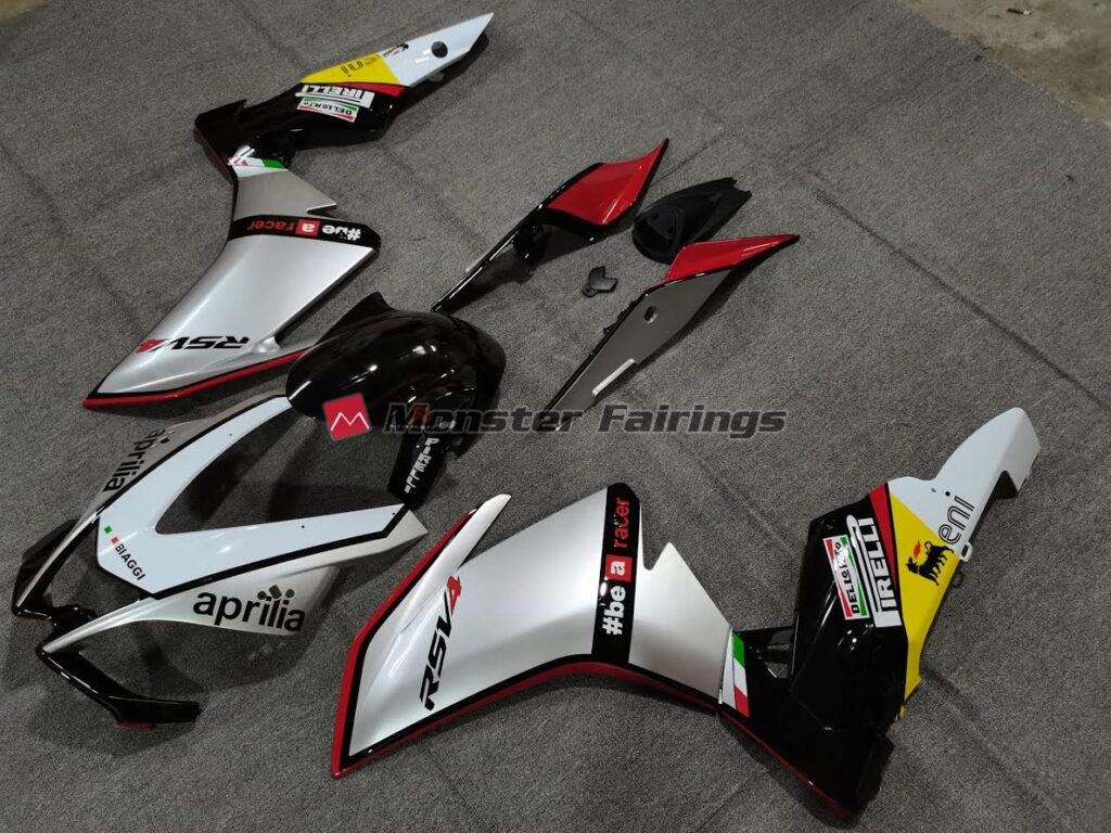 Aprilia RSV4 1000 custom ABS fairings 2010 - 2015 in Silver Pirelli with Red - durable replacement kit, Monster Fairings
