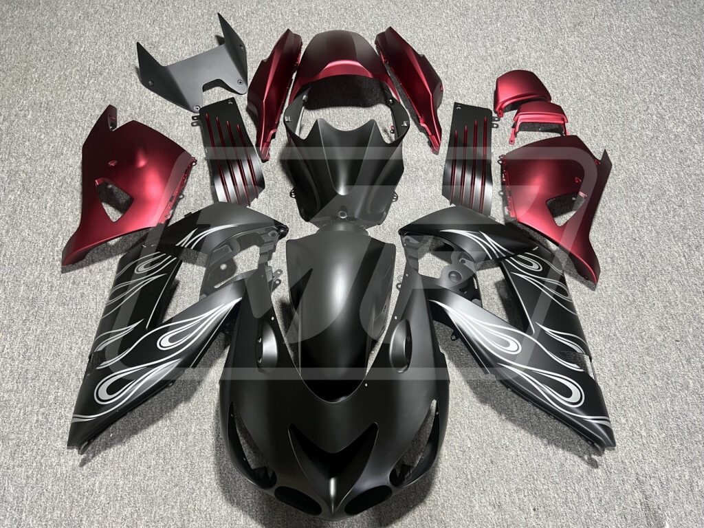 Kawasaki ZX14R 2006 - 2011 Matte Black & Red White Flames ABS fairings - custom motorcycle bodywork kit by Monster Fairings