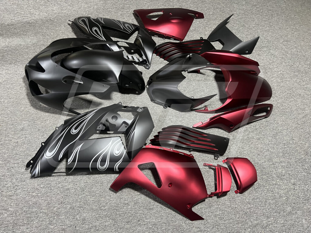 Kawasaki ZX14R custom ABS fairings 2006 - 2011 in Matte Black & Red White Flames - durable replacement kit, Monster Fairings