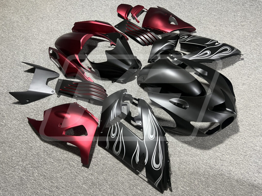 2006 - 2011 Kawasaki ZX14R Matte Black & Red White Flames fairing set - ABS injection, custom painted by Monster Fairings