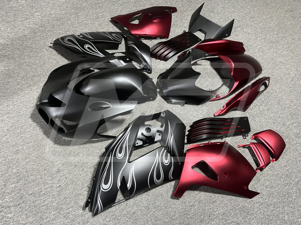 Matte Black & Red White Flames ABS fairings for Kawasaki ZX14R 2006 - 2011 - premium OEM fit kit by Monster Fairings