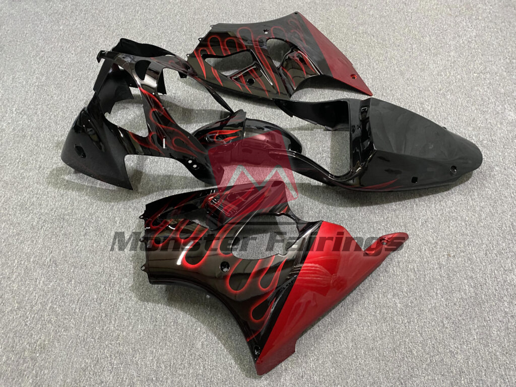 2000 - 2002 Kawasaki ZX6R Gloss Black Red Flame fairing set - ABS injection, custom painted by Monster Fairings