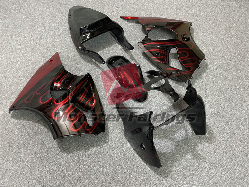 Kawasaki ZX6R custom ABS fairings 2000 - 2002 in Gloss Black Red Flame - durable replacement kit, Monster Fairings