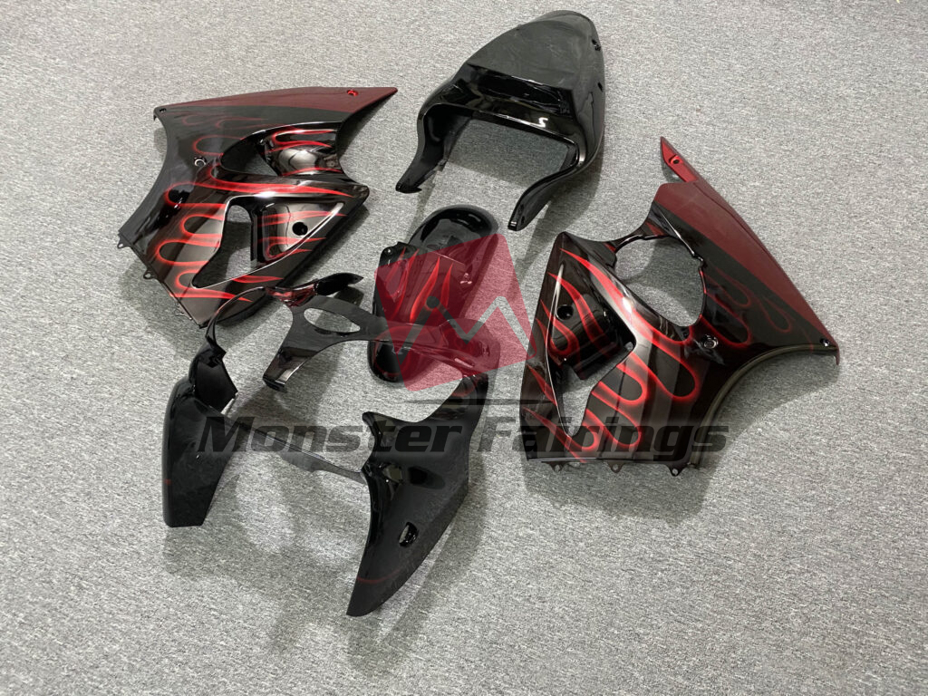 Gloss Black Red Flame ABS fairings for Kawasaki ZX6R 2000 - 2002 - premium OEM fit kit by Monster Fairings