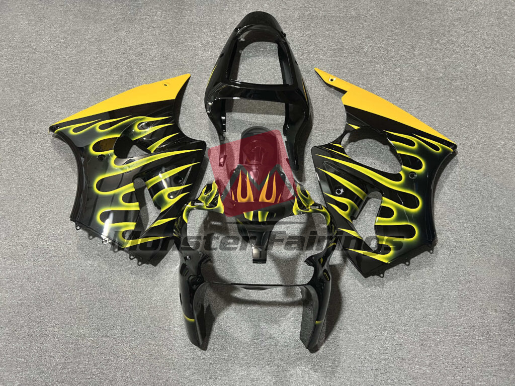 Kawasaki ZX6R 2000 - 2002 Gloss Black Yellow Flame ABS fairings - custom motorcycle bodywork kit by Monster Fairings