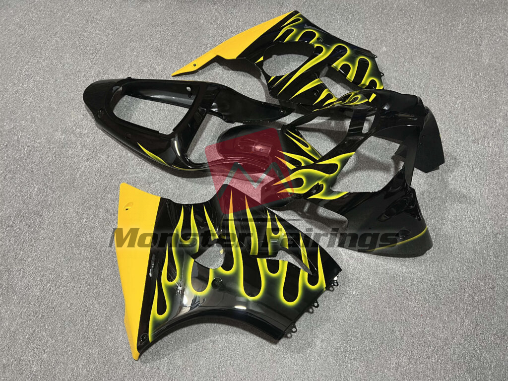Gloss Black Yellow Flame ABS fairings for Kawasaki ZX6R 2000 - 2002 - premium OEM fit kit by Monster Fairings