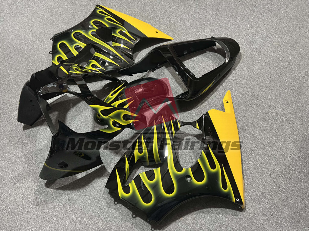Kawasaki ZX6R custom ABS fairings 2000 - 2002 in Gloss Black Yellow Flame - durable replacement kit, Monster Fairings