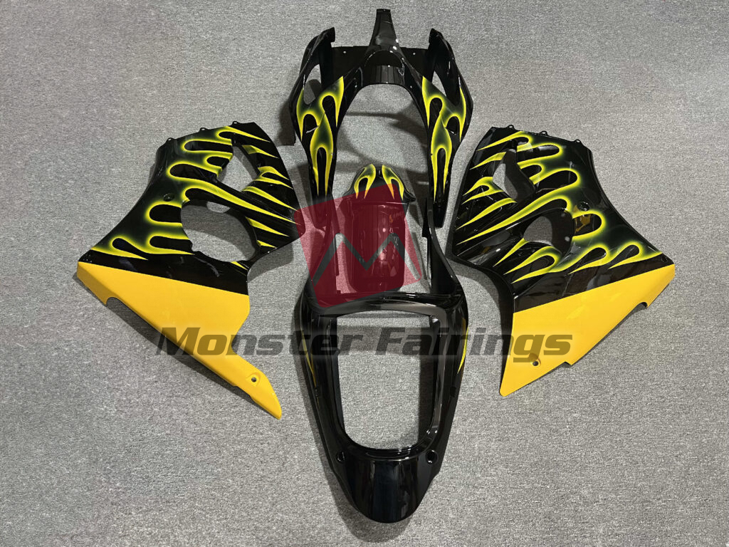 2000 - 2002 Kawasaki ZX6R Gloss Black Yellow Flame fairing set - ABS injection, custom painted by Monster Fairings