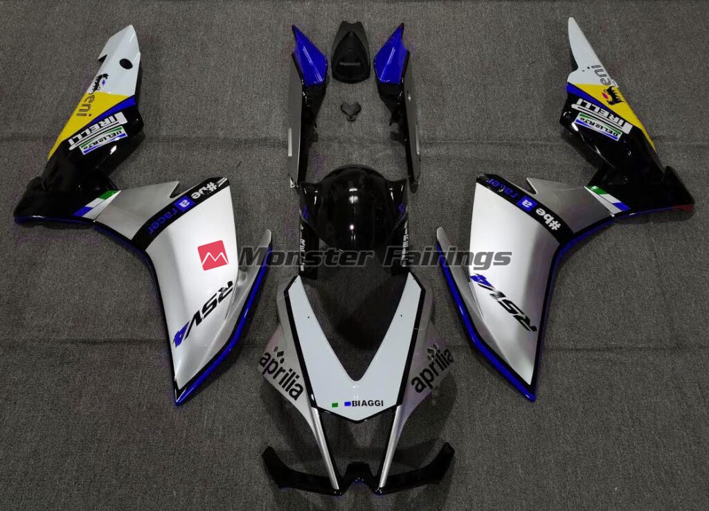 Aprilia RSV4 1000 2010 - 2015 Silver Pirelli Blue ABS fairings - custom motorcycle bodywork kit by Monster Fairings