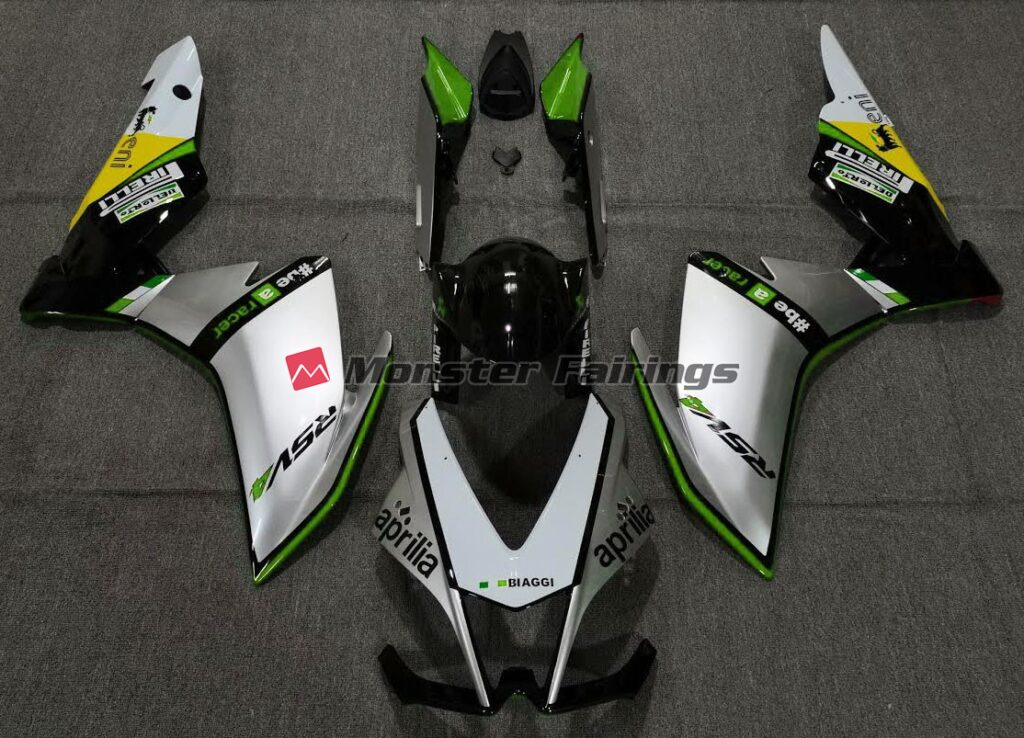 Aprilia RSV4 1000 2010 - 2015 Silver Pirelli Green ABS fairings - custom motorcycle bodywork kit by Monster Fairings