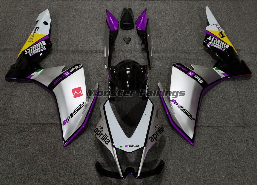 Aprilia RSV4 1000 2010 - 2015 Silver Pirelli Purple ABS fairings - custom motorcycle bodywork kit by Monster Fairings
