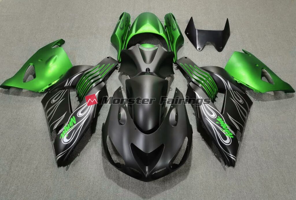 Kawasaki ZX14R 2006 - 2011 Matte Black Green ABS fairings - custom motorcycle bodywork kit by Monster Fairings