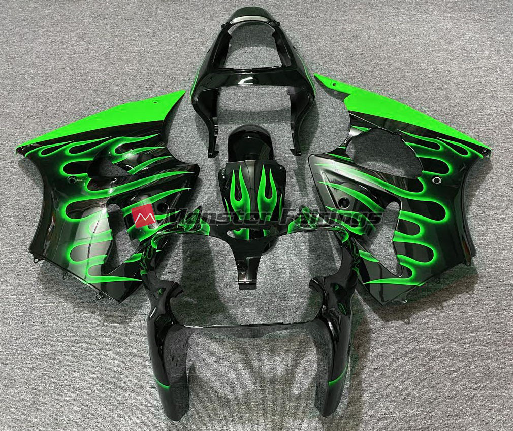 Kawasaki ZX6R 2000 - 2002 Gloss Black Green Flame ABS fairings - custom motorcycle bodywork kit by Monster Fairings