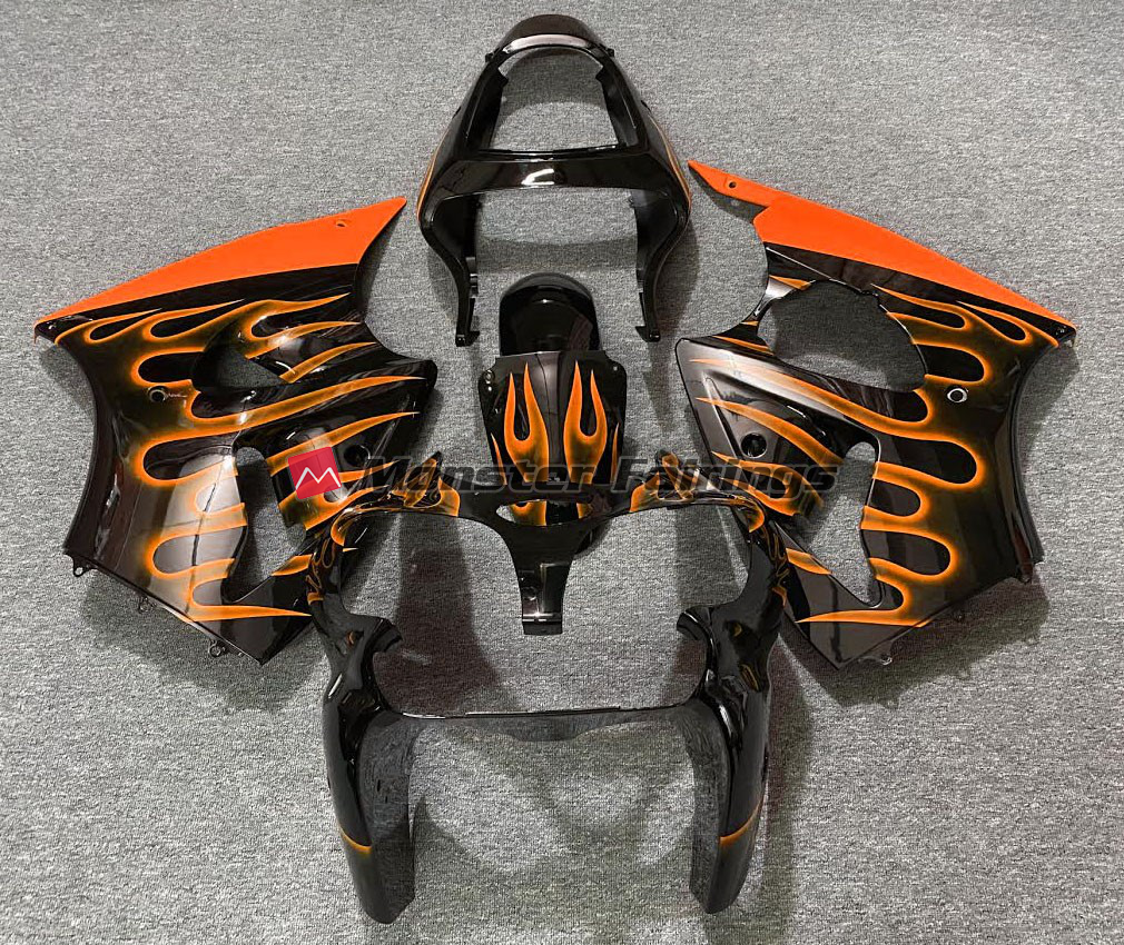 Kawasaki ZX6R 2000 - 2002 Gloss Black Orange Flame ABS fairings - custom motorcycle bodywork kit by Monster Fairings