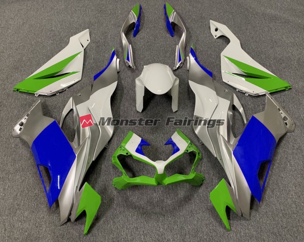 Kawasaki ZX6R 2019 - 2023 Gloss Green Blue Silver ABS fairings - custom motorcycle bodywork kit by Monster Fairings