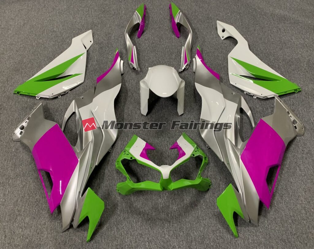Kawasaki ZX6R 2019 - 2023 Gloss Green Pink Silver ABS fairings - custom motorcycle bodywork kit by Monster Fairings