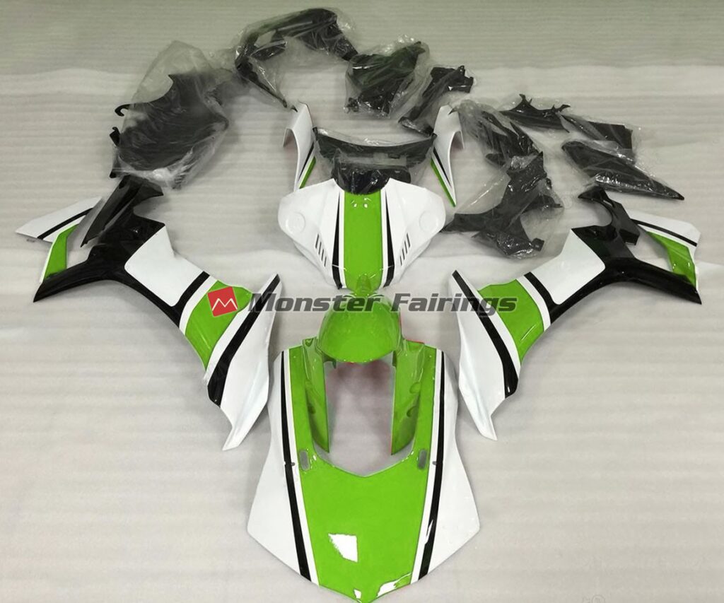 Yamaha R1 2015 - 2019 Gloss White Green Black ABS fairings - custom motorcycle bodywork kit by Monster Fairings