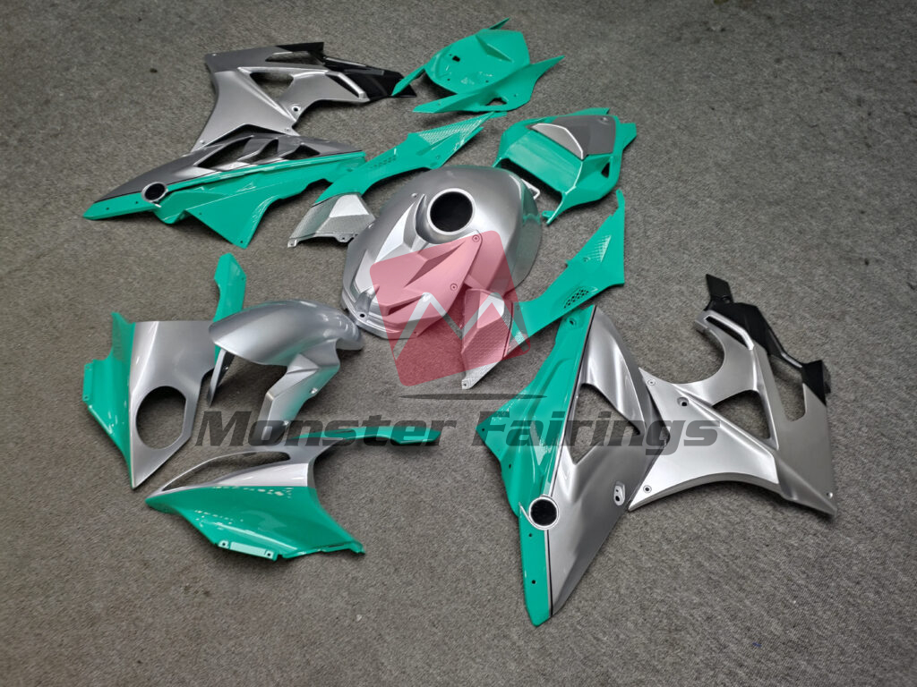 2009 - 2014 BMW S1000RR Gloss Teal & Silver Black fairing set - ABS injection, custom painted by Monster Fairings