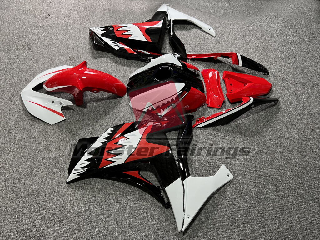 2014 - 2018 Yamaha R3 Gloss Red & White Black Shark fairing set - ABS injection, custom painted by Monster Fairings
