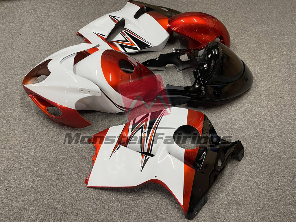 1997 - 2007 Suzuki GSXR 1300 Gloss White Orange fairing set - ABS injection, custom painted by Monster Fairings