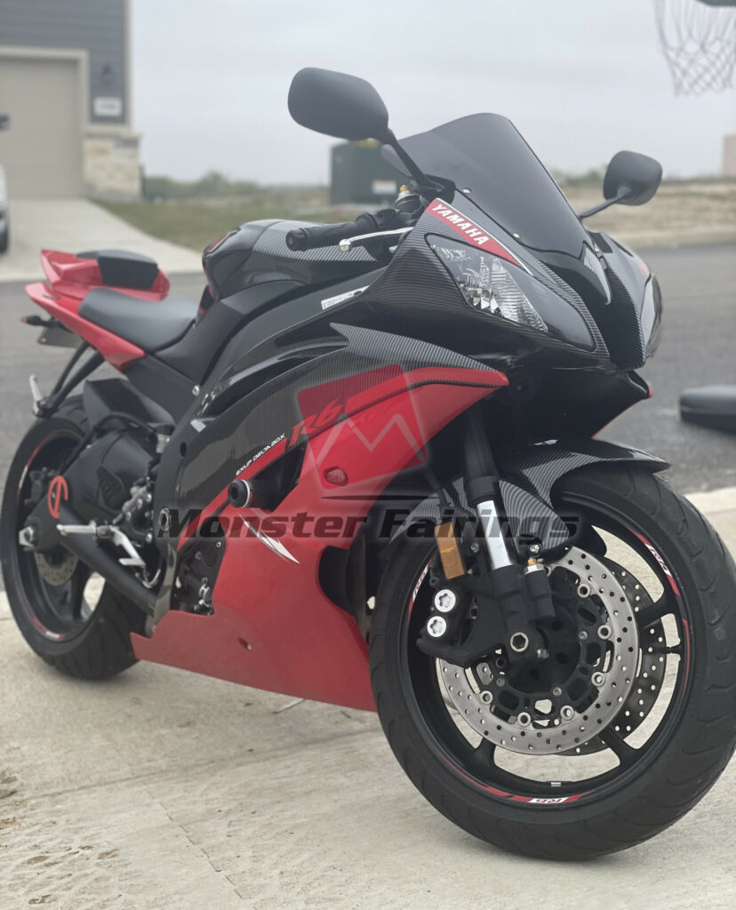 Monster Fairings ABS fairing kit for Yamaha R6 2008 - 2016 - Gloss Red & Carbon Fiber Style, precise OEM fit