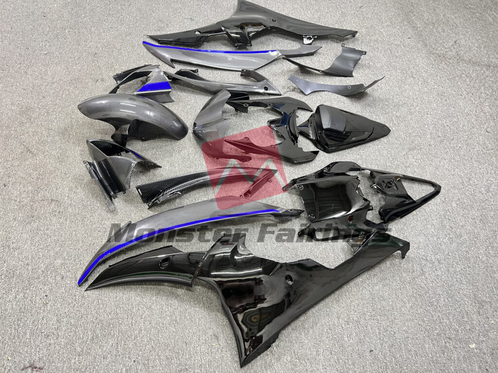 2008 - 2016 Yamaha R6 Gloss Carbon Fiber Style Blue fairing set - ABS injection, custom painted by Monster Fairings