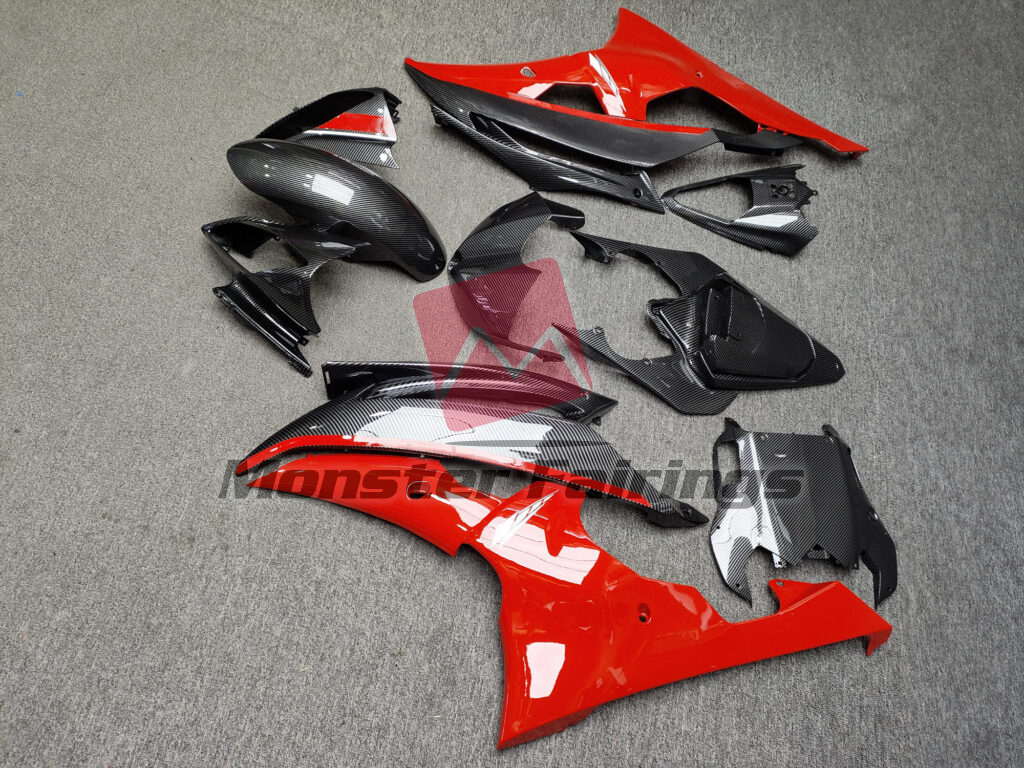 2008 - 2016 Yamaha R6 Gloss Red & Carbon Fiber Style fairing set - ABS injection, custom painted by Monster Fairings