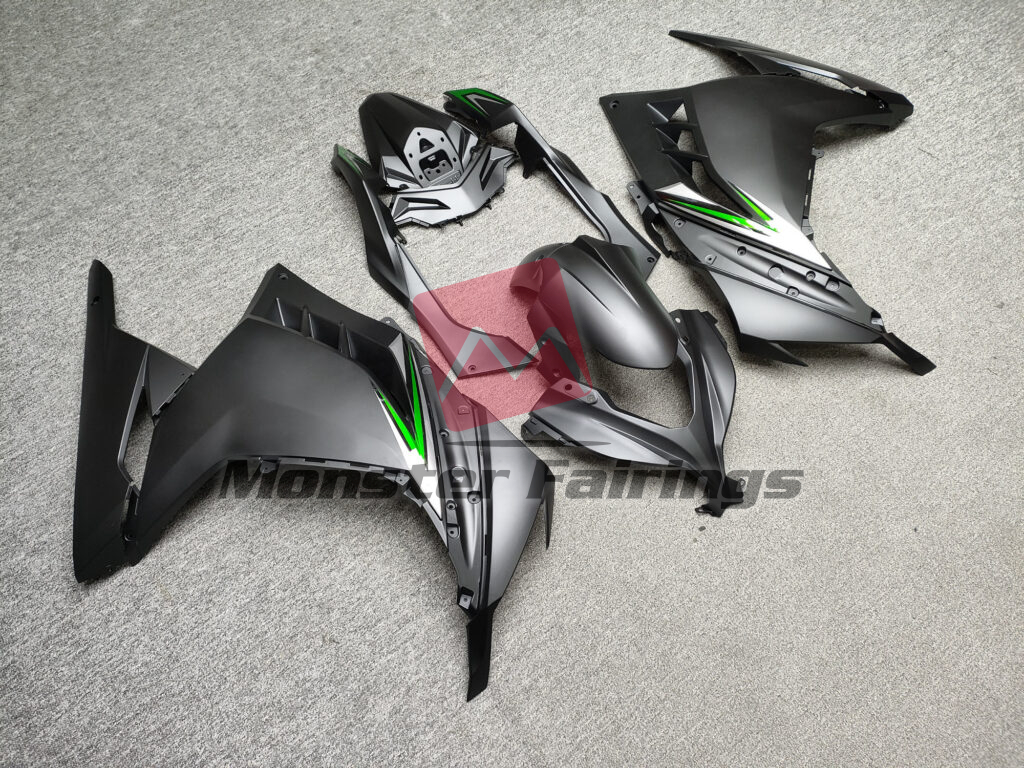 Kawasaki Ninja custom ABS fairings 2013 - 2022 in Matte Black Green & White - durable replacement kit, Monster Fairings