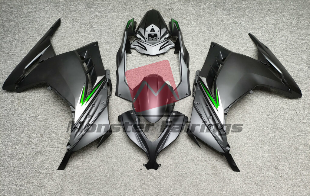 Kawasaki Ninja 300 2013 - 2022 Matte Black Green & White ABS fairings - custom motorcycle bodywork kit by Monster Fairings