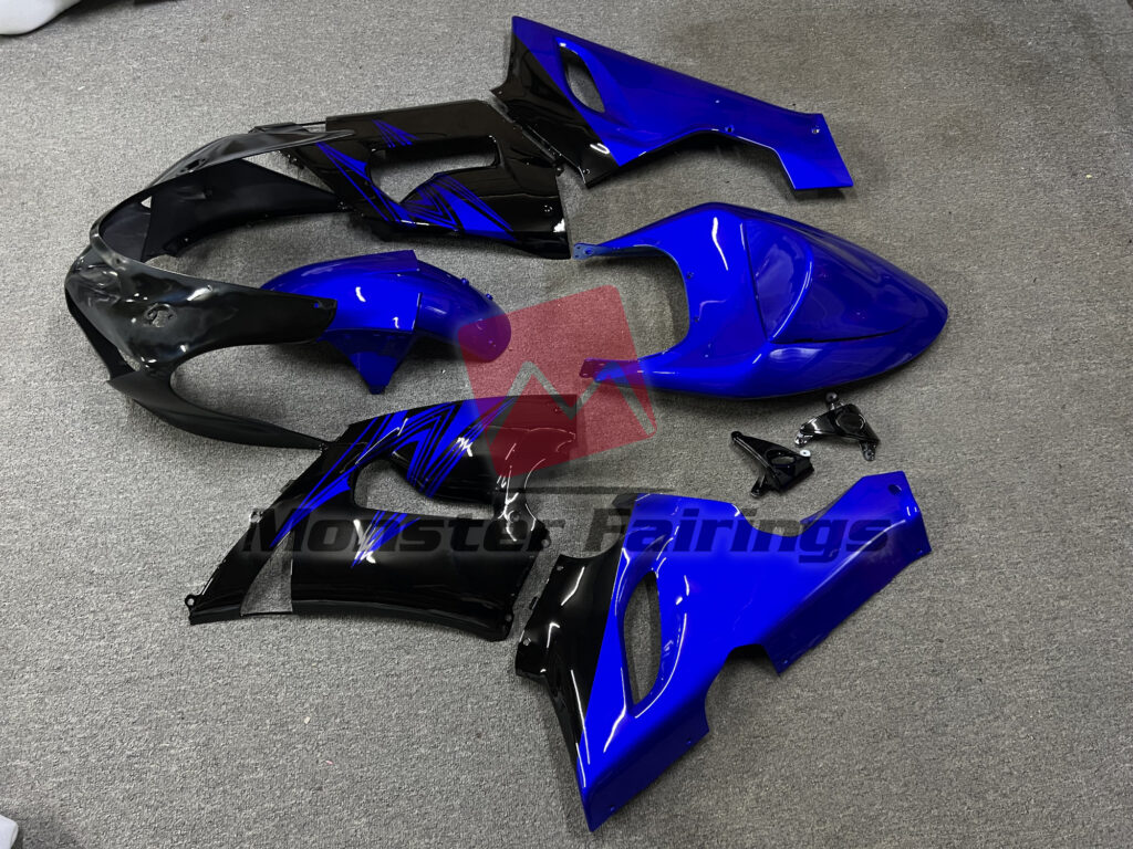 Kawasaki ZX6R custom ABS fairings 2005 - 2006 in Gloss Black Blue - durable replacement kit, Monster Fairings