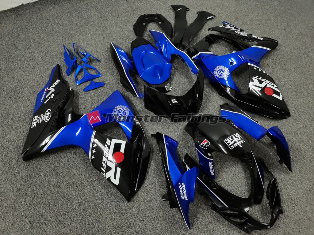 Suzuki GSXR 1000 custom ABS fairings 2009 - 2016 in Black & Blue with Custom Logos - durable replacement kit, Monster Fairings