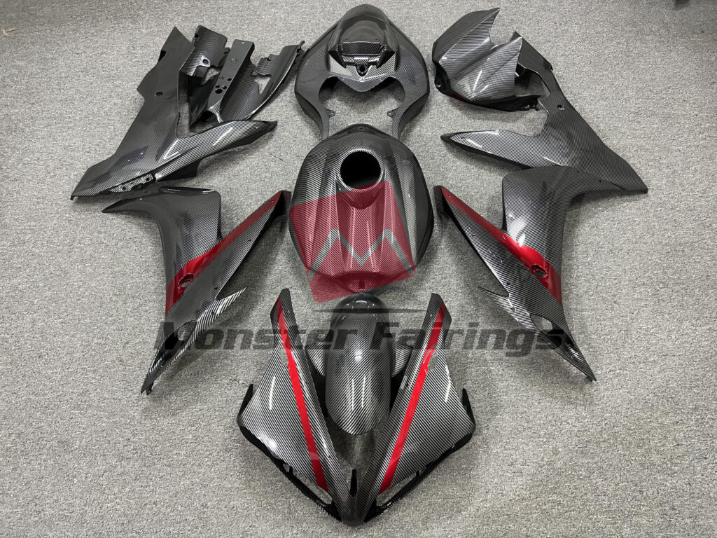 Yamaha R1 2004 - 2006 Carbon Fiber Style with Red ABS fairings - custom motorcycle bodywork kit by Monster Fairings