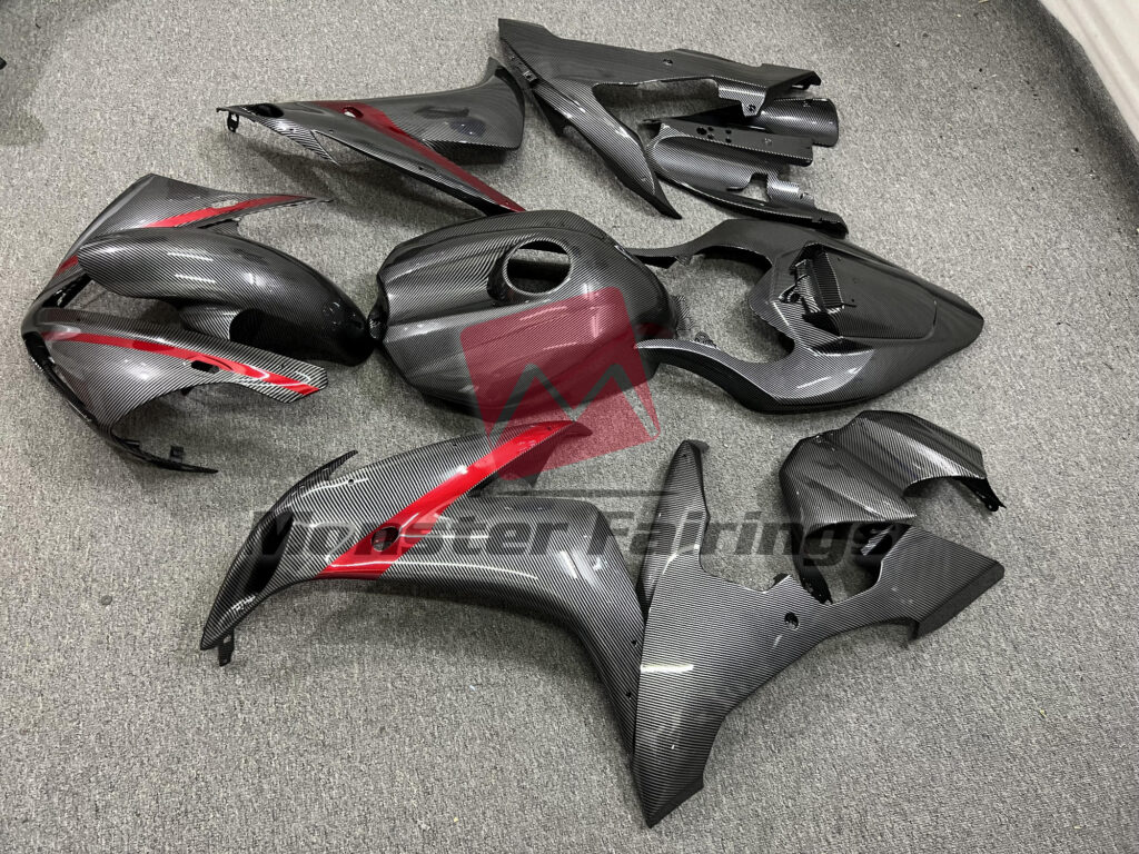 2004 - 2006 Yamaha R1 Carbon Fiber Style with Red fairing set - ABS injection, custom painted by Monster Fairings